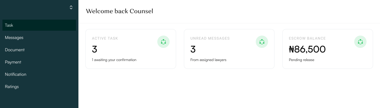 Counsel Task User Dashboard Preview